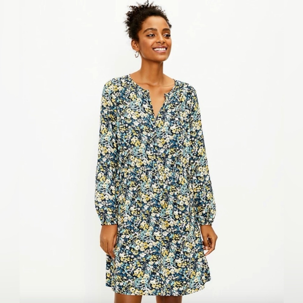 NWT LOFT Floral Button Front Long Sleeve Dress XSP Petite Tiered Boho Midi